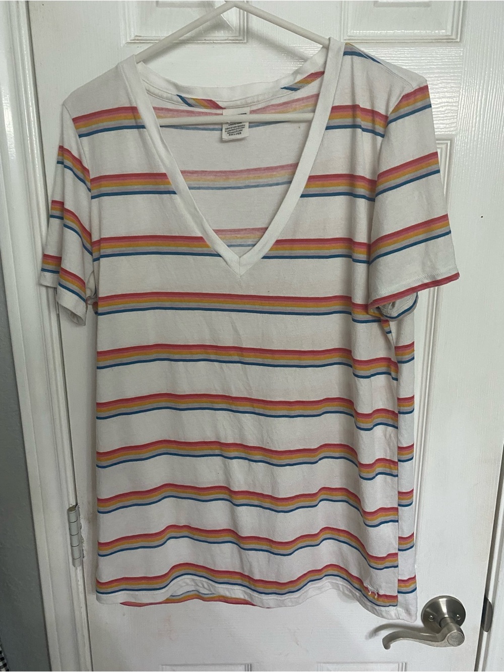 PINK Victoria's Secret White Tee with Pastel Rainbow Stripes